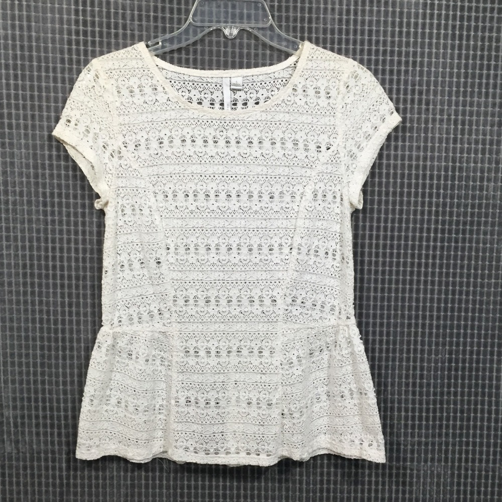 LC Lauren Conrad Womens White Floral Lace Peplum Short Sleeve Top Blouse Small